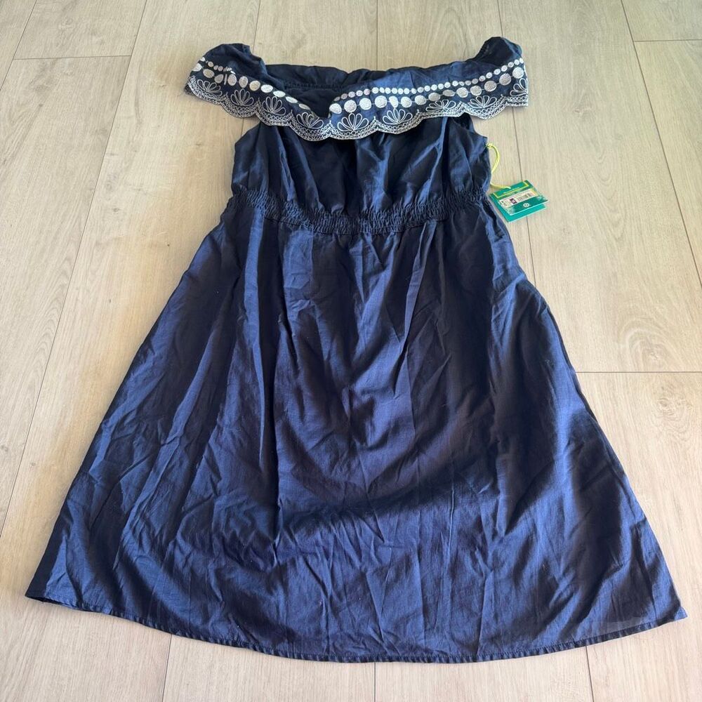 Calypso St Barth blue cotton off shoulder peasant dress lined embroidered bib si